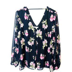 Daniel Rainn Sheer Black Floral Blouse With V Neck Long Sleeves Medium